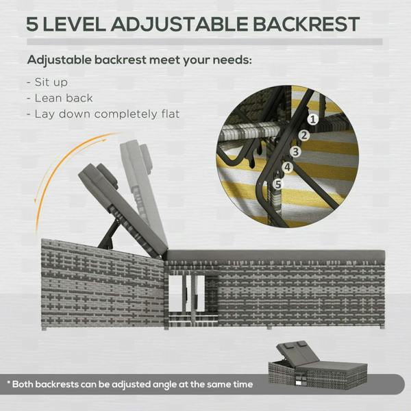 Grey two-seater rattan day bed with multiple-position adjustable backrest cushions