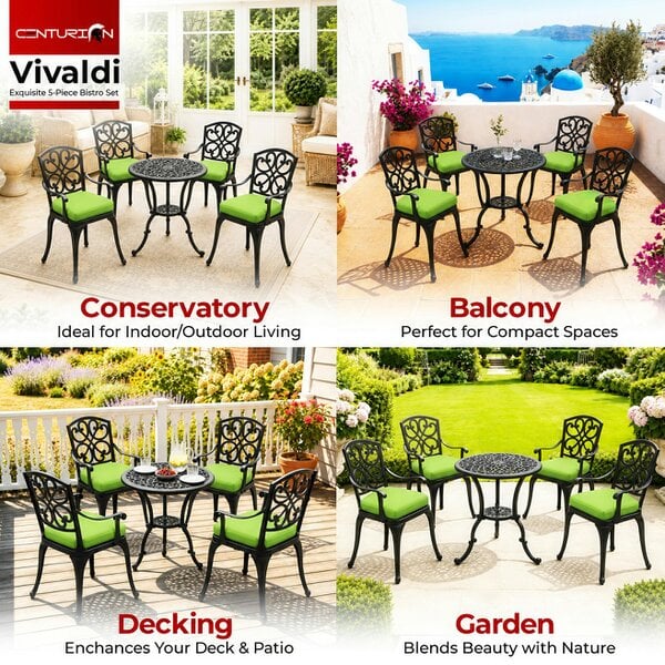 Centurion Supports VIVALDI Black 5-Piece Cast Aluminium Garden Bistro Set - with Green Cushions