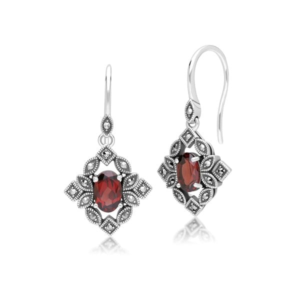 Gemondo Art Deco Style Oval Garnet & Marcasite Drop Earrings in Sterling Silver