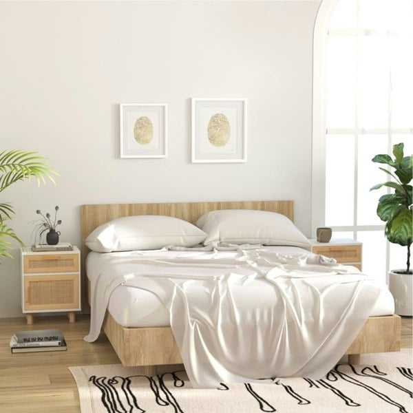 Berkfield Bedside Cabinets 2 pcs White Solid Wood Pine and Natural Rattan