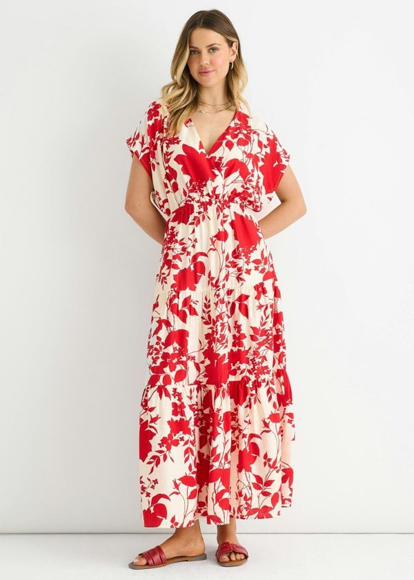 Gini London Red Floral Elastic Waist Maxi Dress