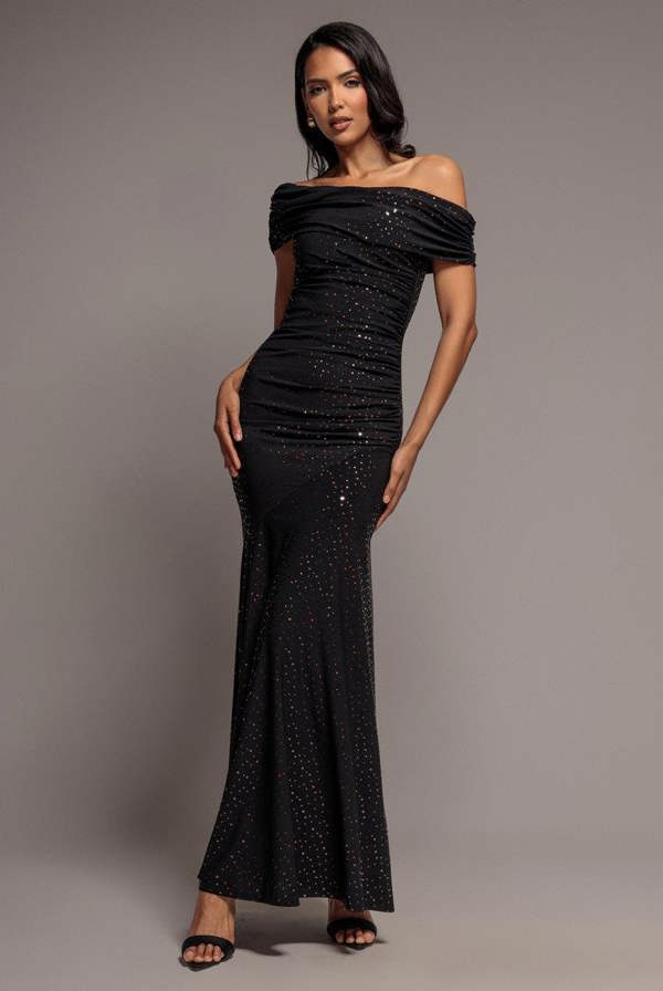 One Shoulder Fit And Flare Sequin Maxi Dress - Black Copper DR5324