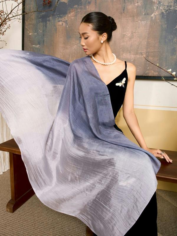 Grey & White Ombré Silk Scarf – Hand-Dyed Mulberry Silk, Headscarf & Office Wrap