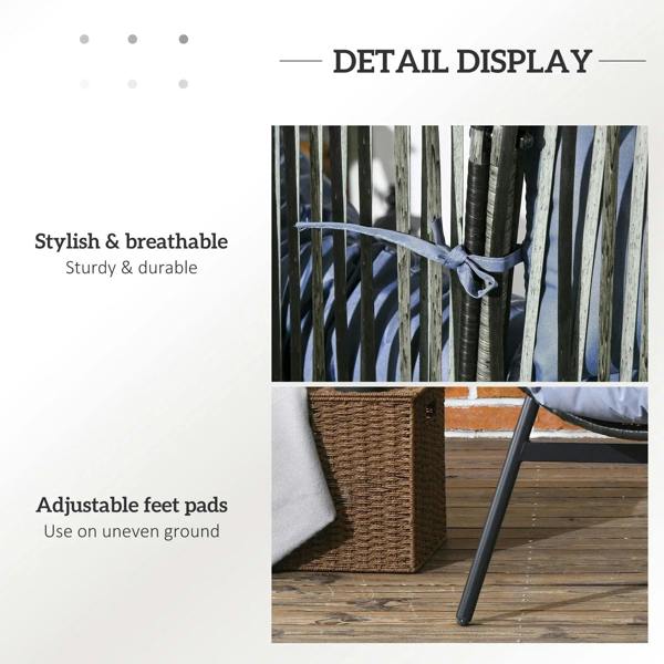 Egg chair detail with woven strands and adjustable foot pads