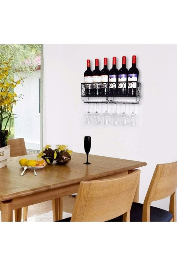 Living and Home 50cm Wall Mounted Wine Rack Iron Bottle Champagne Glass Holder Shelves Home Party Bar