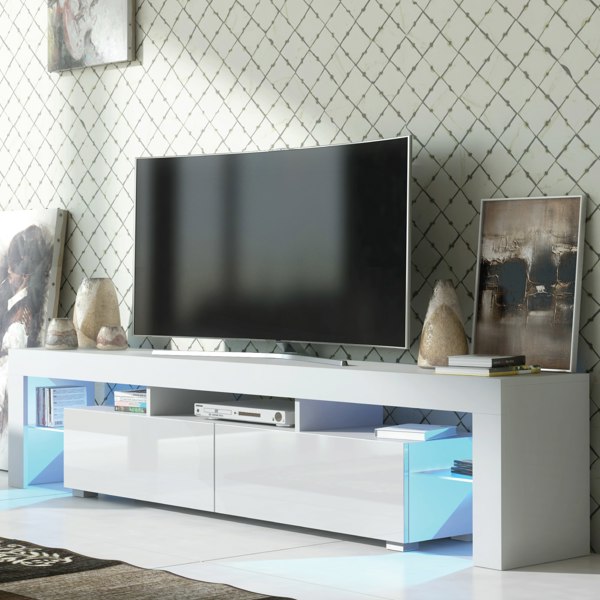 Mex Furniture Sleek Modern 200cm TV Unit Cabinet Stand White High Gloss Doors with Free LED Lights