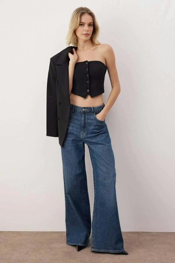Strapless Button Detail Crop Woven Blouse