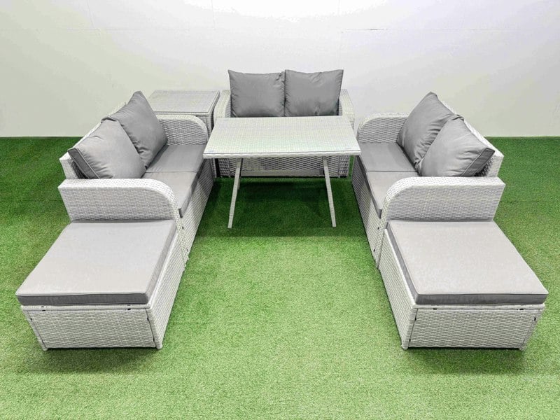 Fimous Rattan Garden Furniture Dining Set 8 seater Patio Rectangular Table Love Sofa Set with Side Table 2 Big Stools