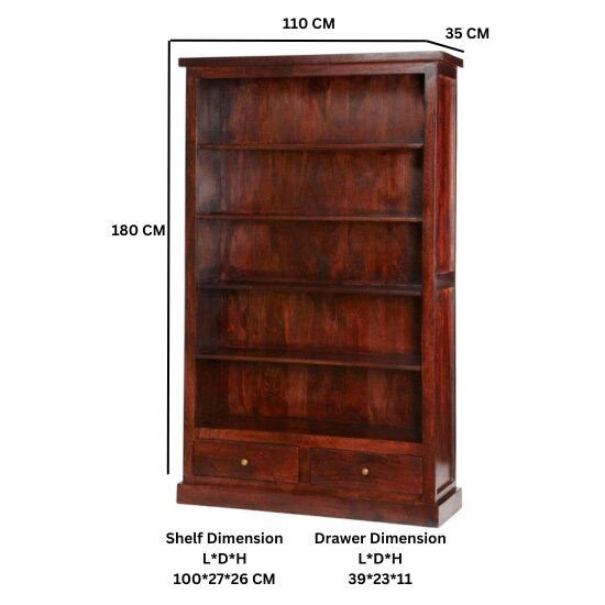 Wyld Haus Oxford Mahogany Mango Wood Bookcase 5 Shelves 2 Drawers