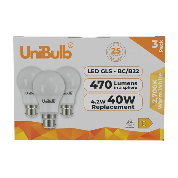 UniBulb LED GLS B22 470lm 4.2W 2700K (Warm White) Light Bulb - Pack of 3 front