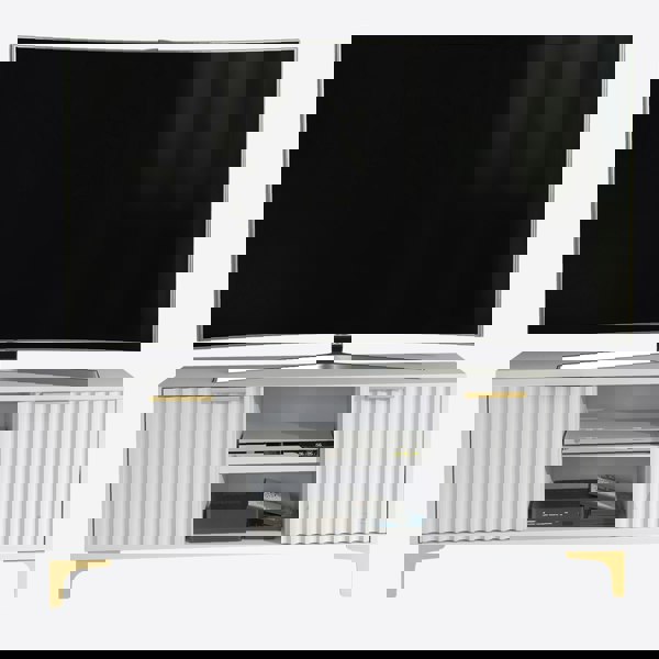 Mex Furniture TV Stand 120cm – White Matt Body & White Fluted Doors with Gold Legs