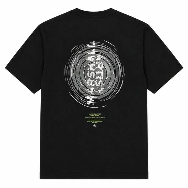 Black Marshall Artist t-shirt featuring a white circular graphic print and green text on the back.
