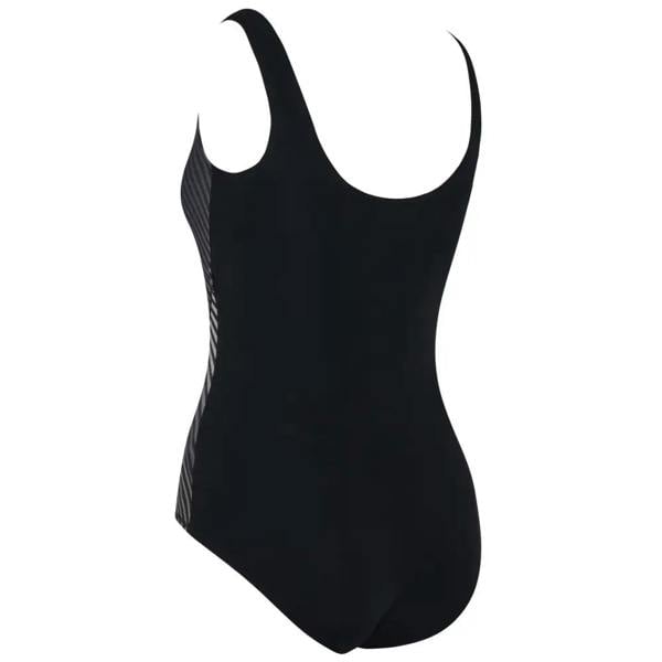 Zoggs Seafarer Scoopback Swimsuit in black with white stripes and mesh panels