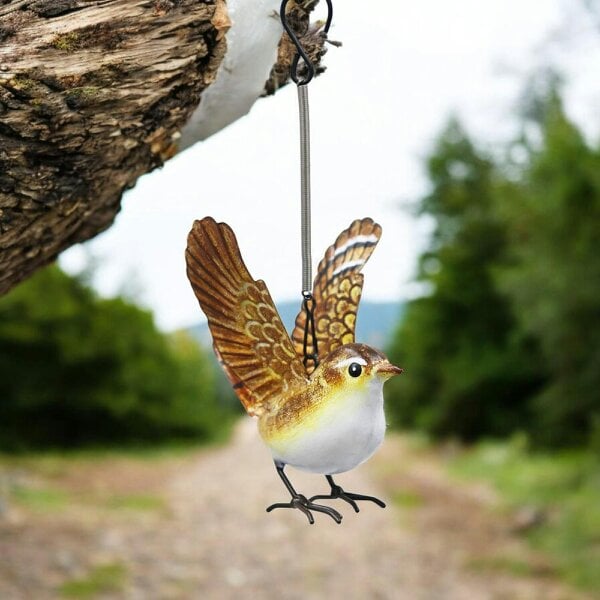 EDH Door Hardware Small Metal Hanging Wren(14cm x 10cm x 10cm) – Handcrafted Weather-Resistant Bird Ornament – Decorative Hanging Robin Sculpture