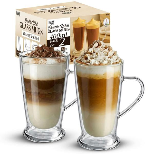 Fusion Food Care Double Walled Coffee Glasses Mugs Pack of 2 Cappuccino Latte Macchiato Glasses Cups - 400 ML