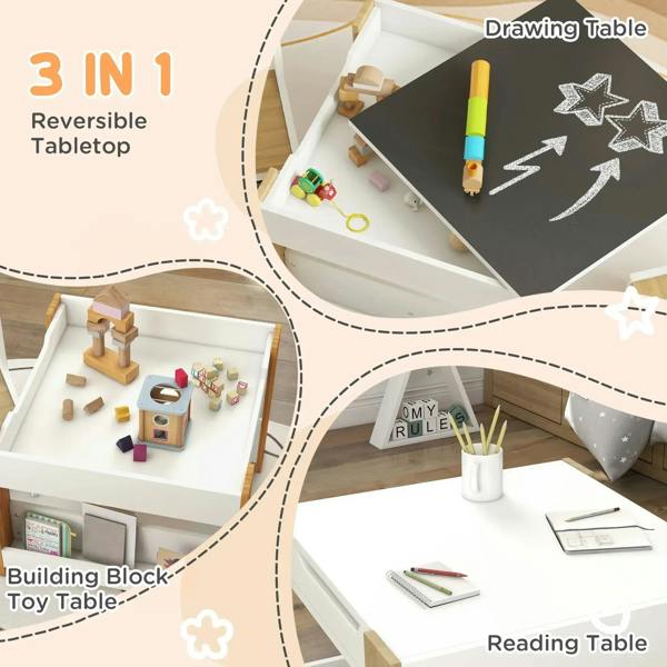 Kids activity table with reversible blackboard top and built-in storage tray
