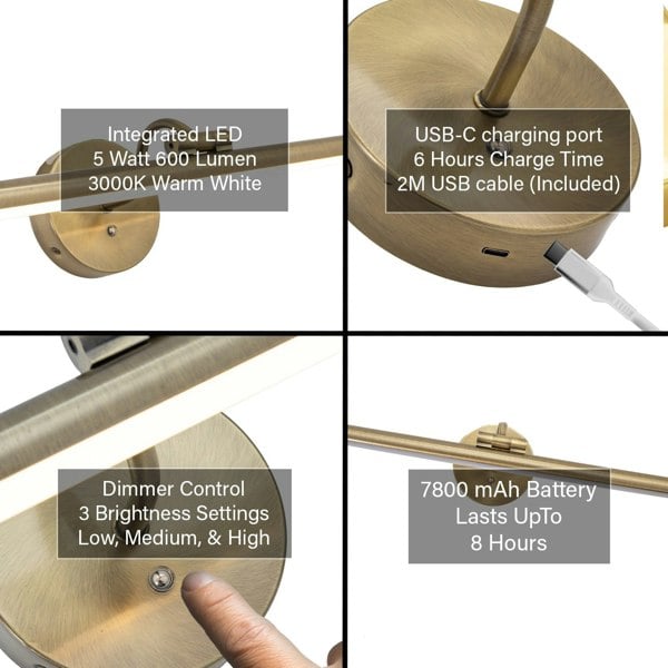Antique Brass Wireless Rechargeable LED Touch Dimmable Picture Light Image 5