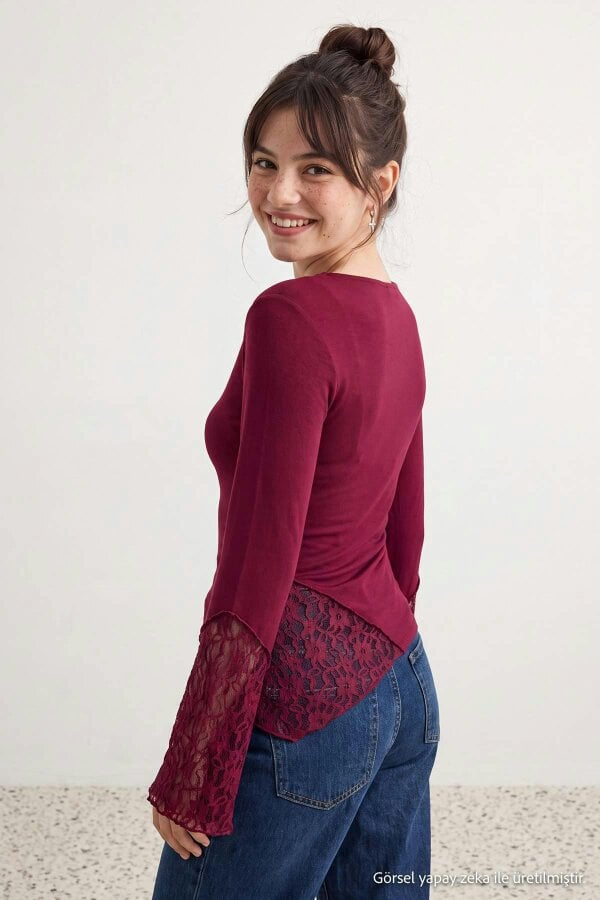 WOVCOR Boat Neck Spanish Sleeve Lace Detail Fitted Blouse
