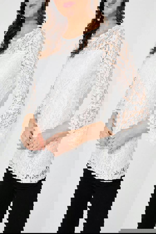 White | Semi Sheer Lace Layered 3/4 Sleeve Top