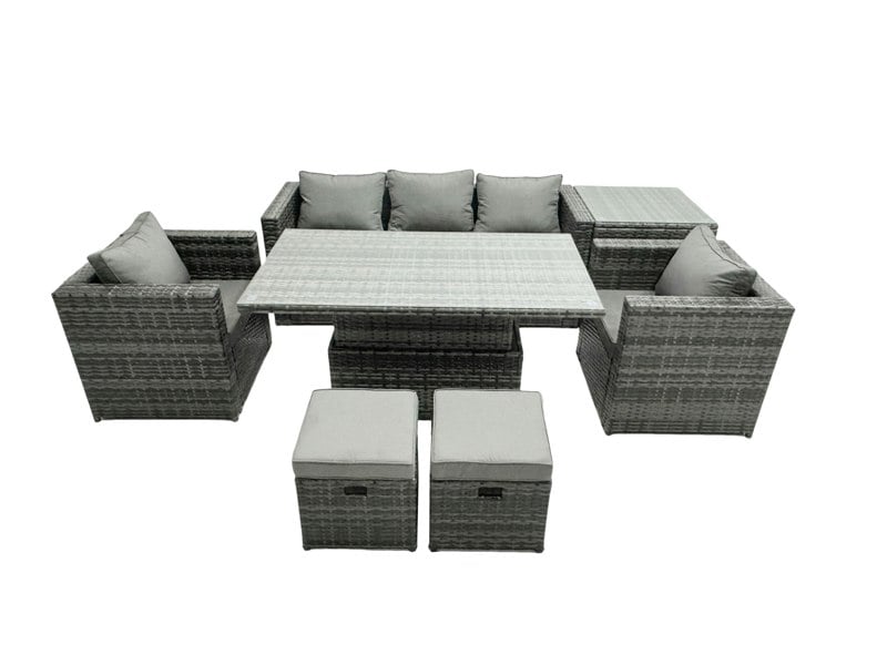 Fimous Rattan Garden Furniture Set Rising Adjustable Dining Table Lounge Sofa Set With Foostools Dark Grey Mixed Extra Side High Tall Coffee Tea Table