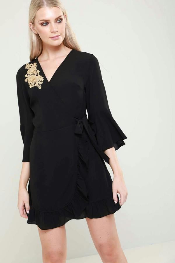 Urban Bliss Nicole Black Wrap Flute Sleeve Embroidered Mini Dress