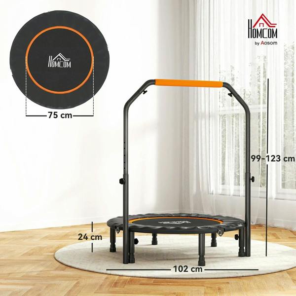 Orange-handled foldable mini trampoline with black jumping surface, compact footprint