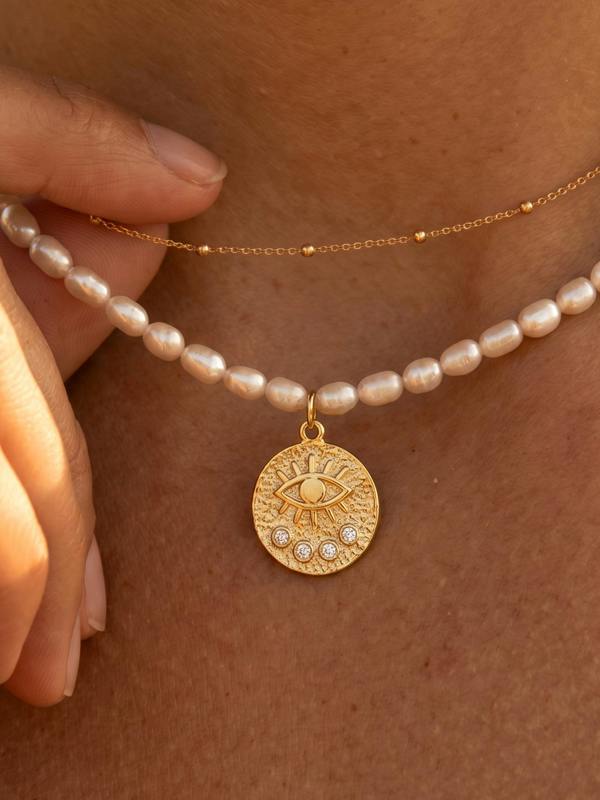 MUCHV Evil Eye Pearl Coin Necklace