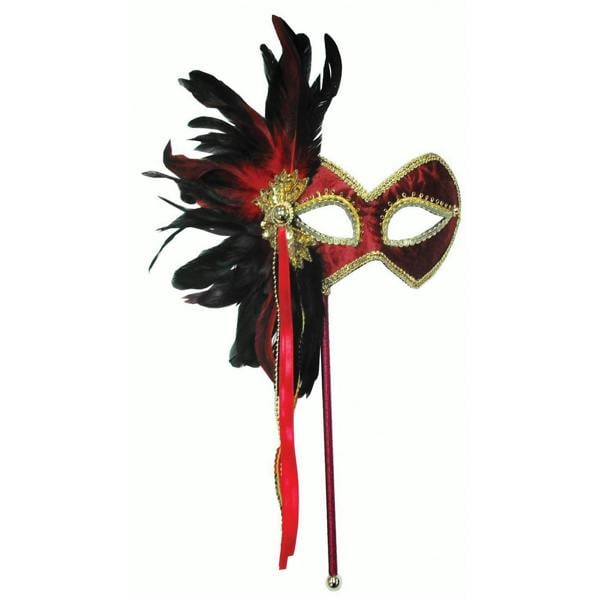 Bristol Novelty Womens/Ladies Stick Mask And Feathers - Red/Gold/Black - 
