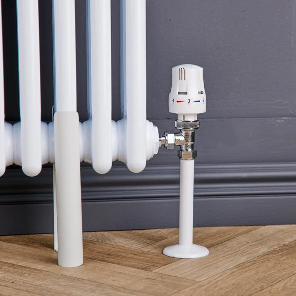 Flode Angled Round Thermostatic TRV & Lockshield With Shut Off | 15mm x 1/2″ | Gloss White