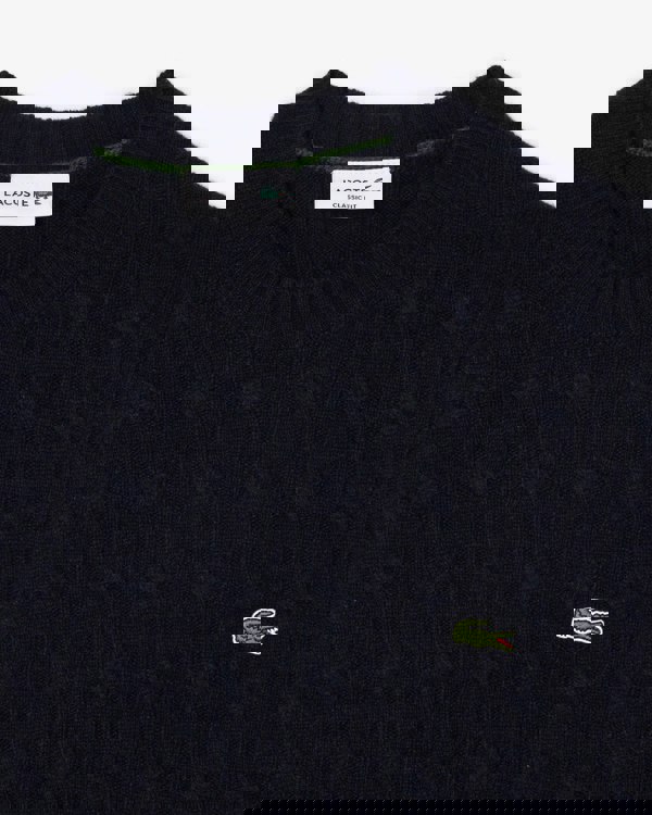 Lacoste Carded Wool Cable Knit Crew Neck Mens Sweater - Navy Blue 166