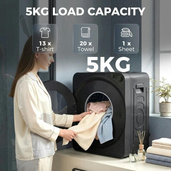 5kg Vented Tumble Dryer, 1000W Compact Tumble Dryer with 5 Drying Modes, Stainless Steel Tub, Black
