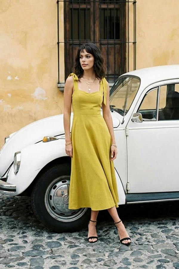WOVCOR Tie Strap Midi Dress with Sweetheart Neckline