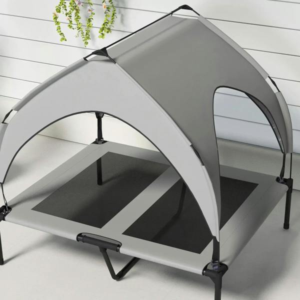 Light grey raised dog bed with removable canopy, arched breathable mesh sides
