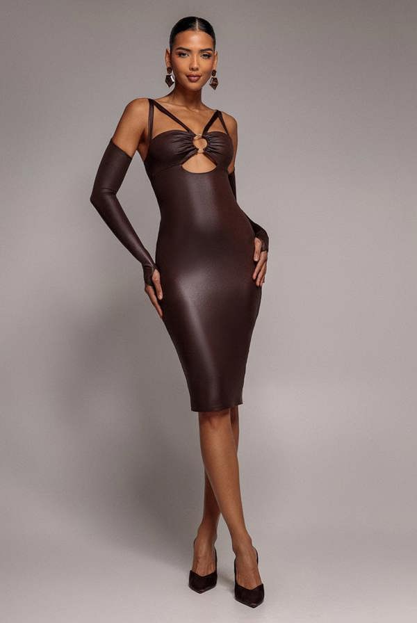 Faux Leather Cut Out Sheath Midi Dress - Brown DR3724