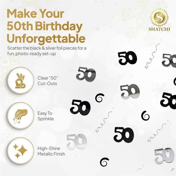 50th Birthday Black and Silver Metallic Confetti Pack for Party Tables and Decorations image 3