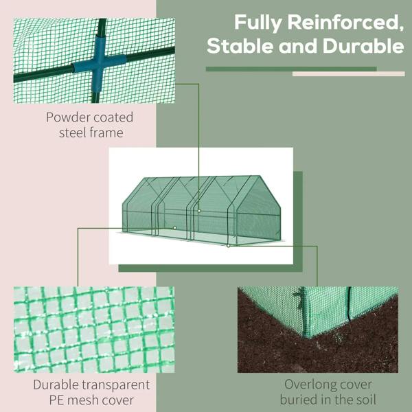 Reinforced steel-frame mini greenhouse with clear PE mesh cover sections shown