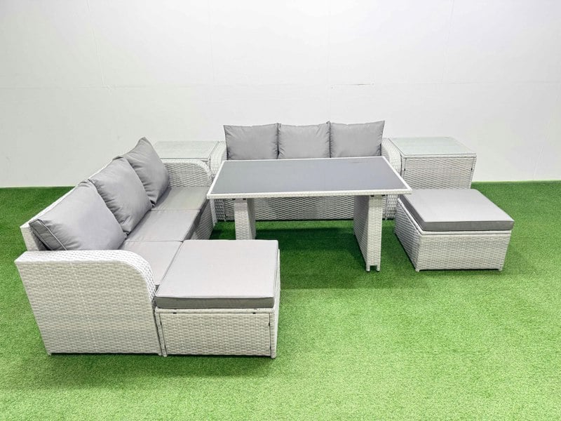 Fimous 8 Seater Rattan Outdoor Dining Table 3 Seater Sofa Set with 2 Side Tables 2 Big Stools Light Grey