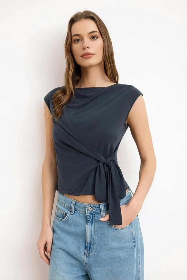 WOVCOR Fitted Wrap Boat Neck Knitted Blouse with Tie Detail