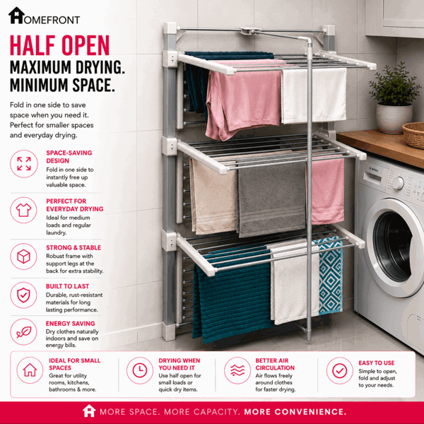 Homefront Electric Heated Clothes Airer Dryer Rack 330W Indoor 3-Tier Drier with Zip Up Cover for Even Faster Drying