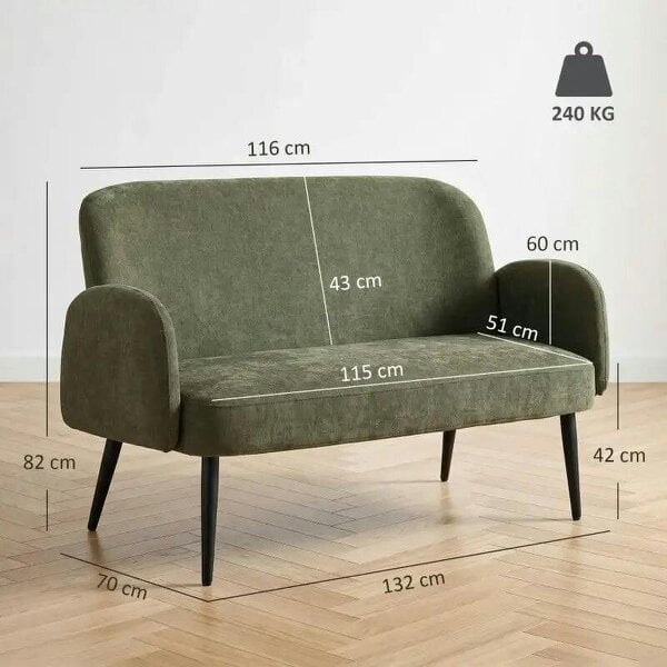 132cm 2 Seater Sofa, Velvet Comfy Small Sofa Couch with Wide Seat, Thick Padding, Tapered Metal Legs, Green