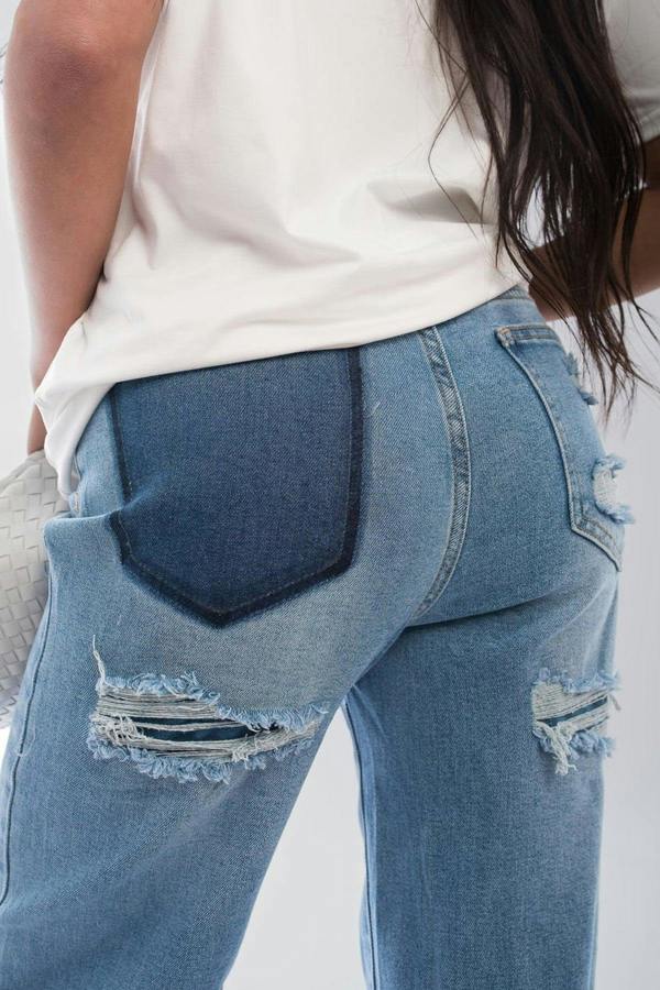 Chana Back Statement Distressed Straight Leg Jeans - Denim