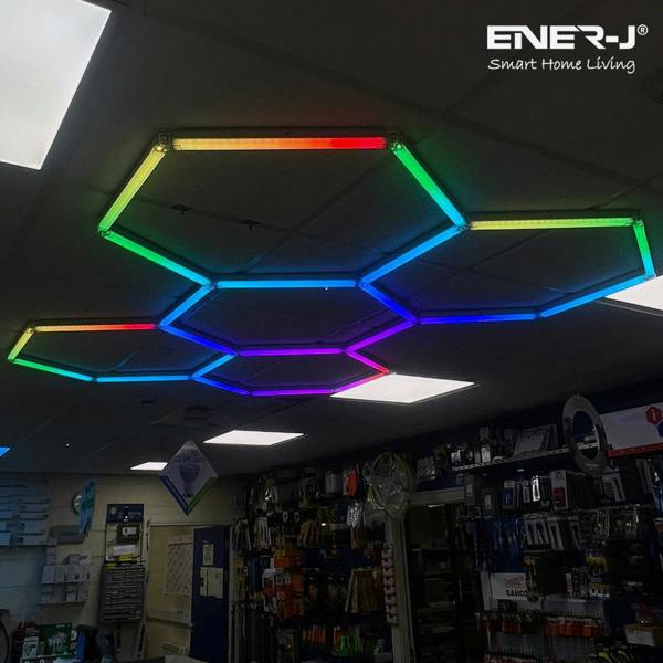 Ener-J 150W Hexagon RGB LED Garage Ceiling Light, 5 Hexagon Design, Remote Control, 24 T5 Tubes Showroom Kit