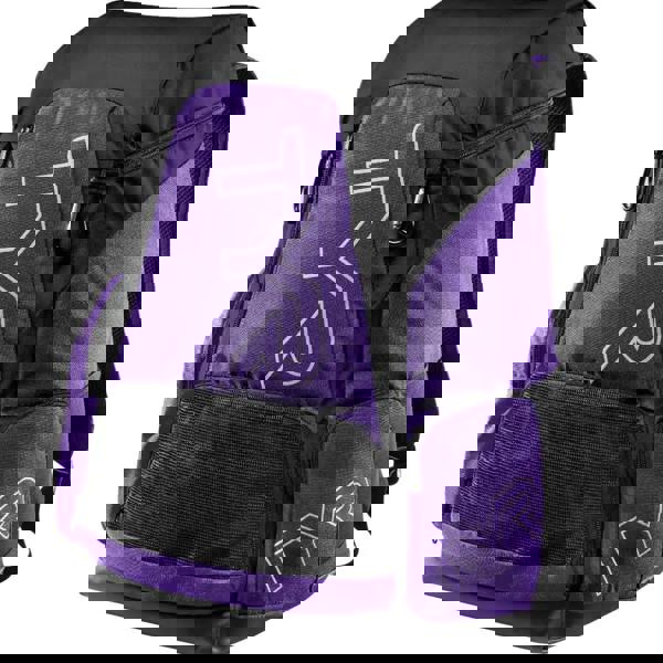 Purple and black TYR Alliance Team Backpack 45L with mesh pocket