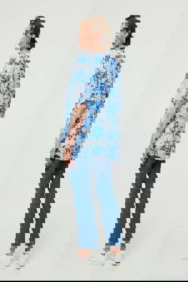 Blue | Floral Button Front Curve Hem Tunic
