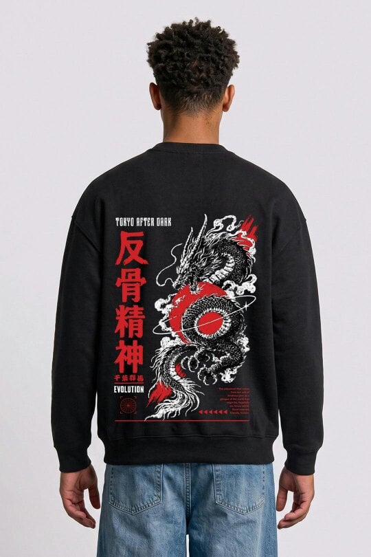 London Attitude Oversized Tokyo After Dark Graphic Sweatshirt in Black