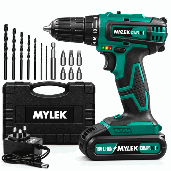 Mylek 18V Cordless Li-Ion Drill With Accessory Kit and Carry Case