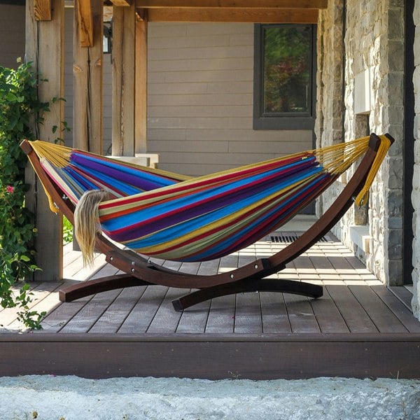 Vivere Double Cotton Hammock with Solid Pine Stand (260cm) - Tropical