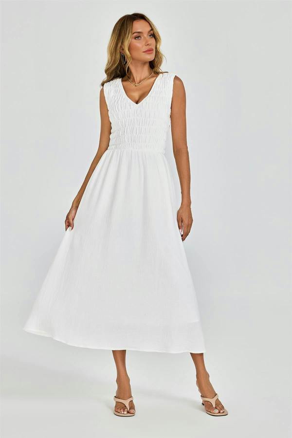 FS Collection Shirred Midi Dress with Sleeveless V-Neck In White