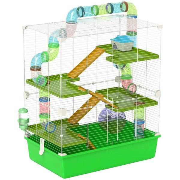 Green hamster cage with exercise wheel, water bottle, ramps, and tube tunnels
