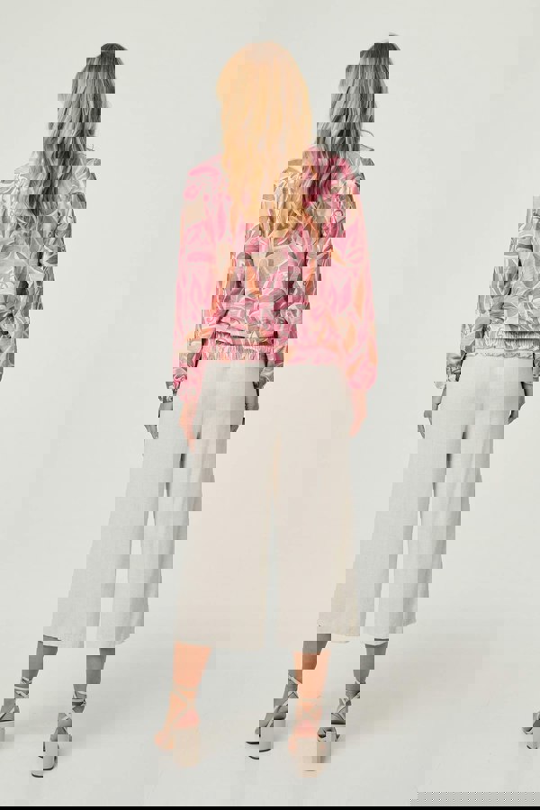 Pink | Floral Shirred 3/4 Sleeve V-Neck Blouse
